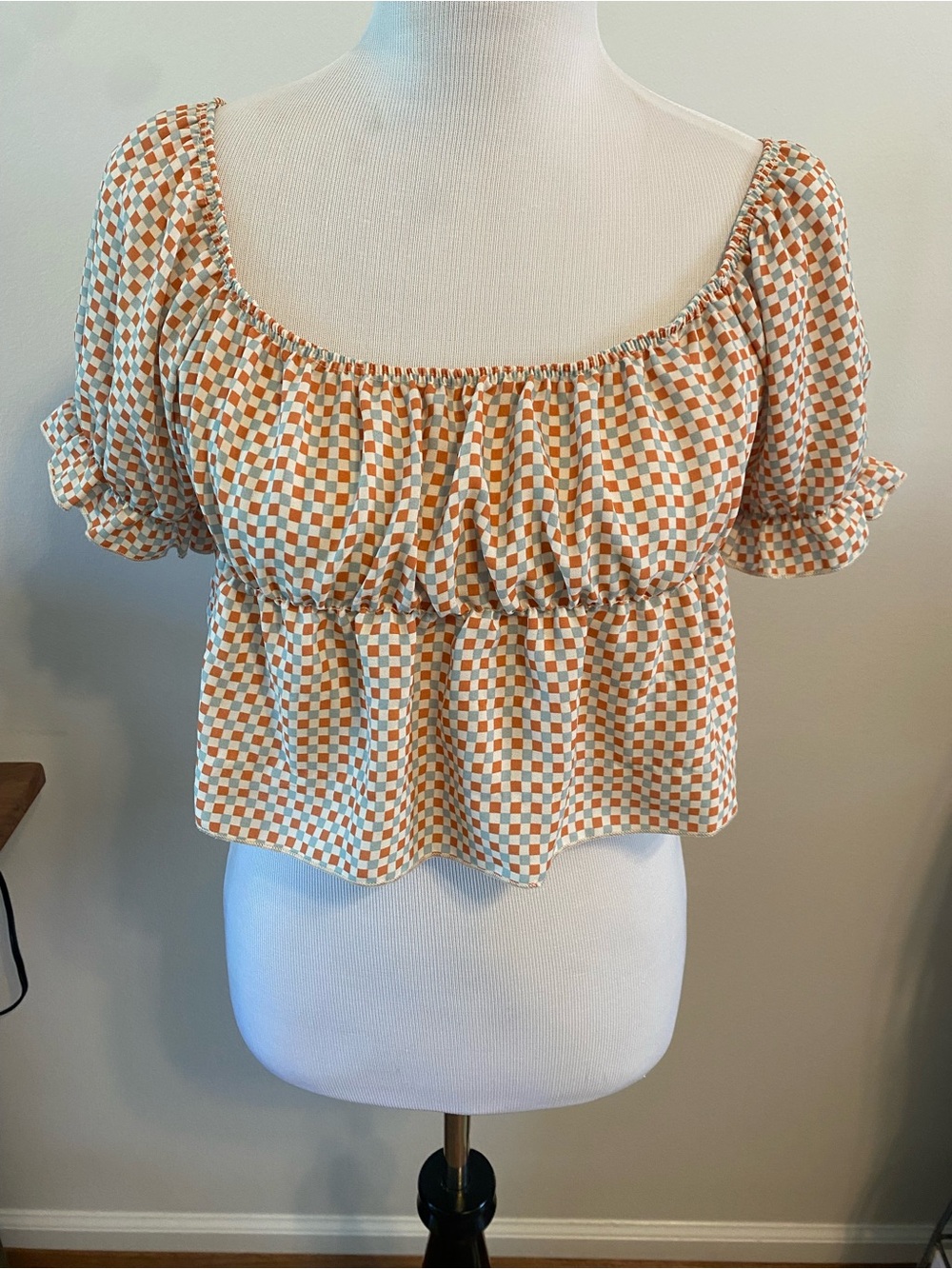 Papaya Orange & White Check Square-Neck Crop Top
